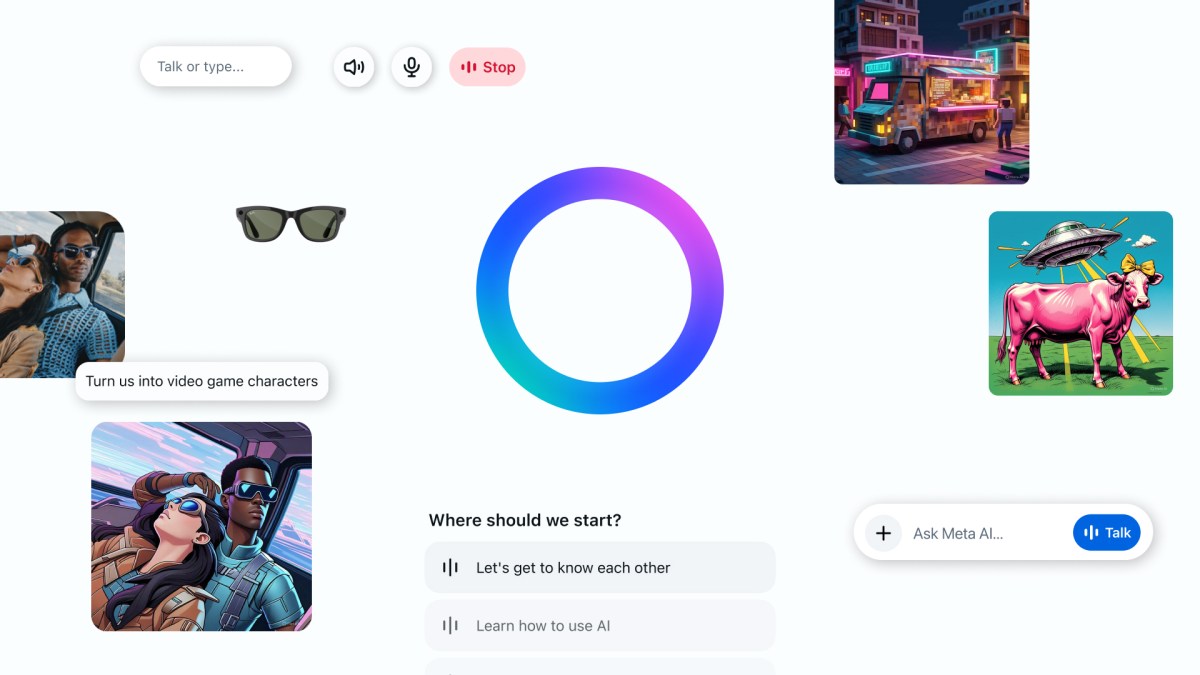 Meta AI app launch imagery featuring the gradient AI ring and voice interface.